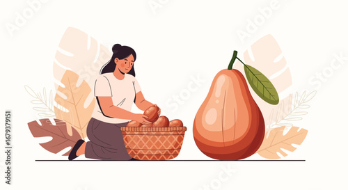 Woman Arranging Freshly Harvested Fruit And Decorative Elements In A Simple Composition