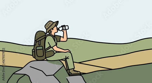 Thirsty Traveler In Resting Amidst Serene Landscape Refreshes With Water Break