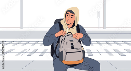 Thoughtful Traveler on a Platform Searching His Backpack Before Embarking on Journey