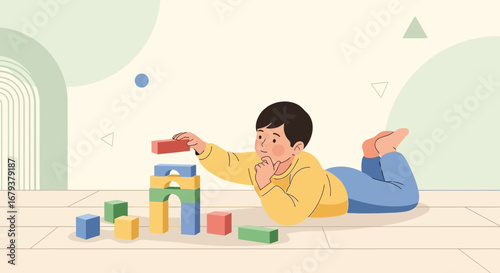 Thoughtful Young Child Building Tower With Colorful Wooden Blocks During Daytime Fun
