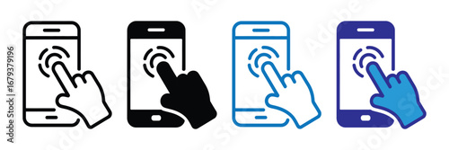 Four smartphone icons with finger touch interaction isolated on transparent background