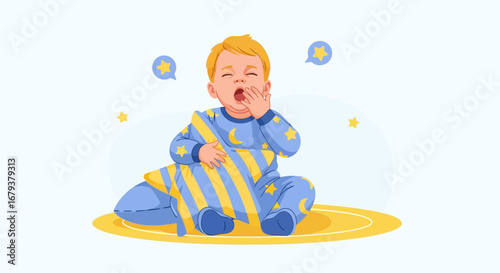 Tired Baby Yawning While Holding Star Pillow Ready For Nighttime Bedtime Sleep