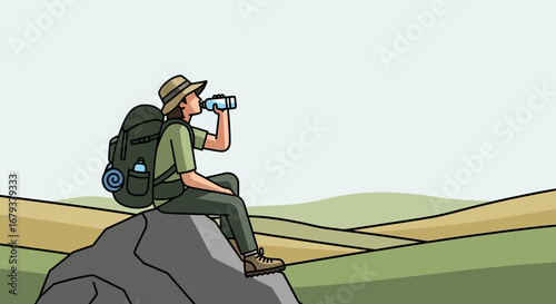 Tired Hiker Pauses To Hydrate While Enjoying The Scenic View of The Hills