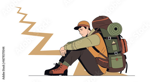 Tired Hiker Resting After Hiking Through Difficulty, Symbolize Perseverance Journey