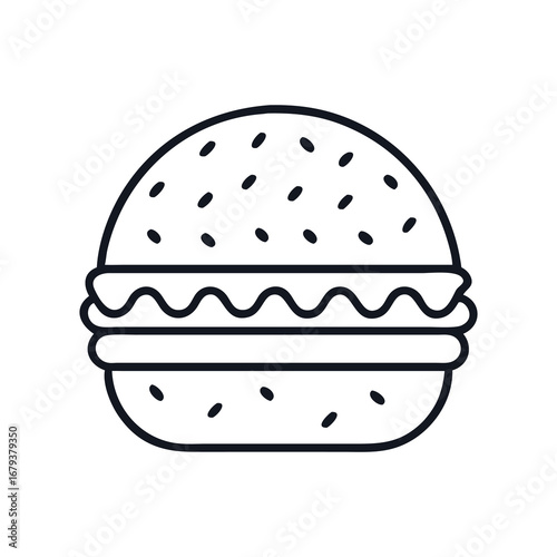 Minimalist black and white line art depiction of a delicious hamburger, burger with sesame seeds icon vector illustration