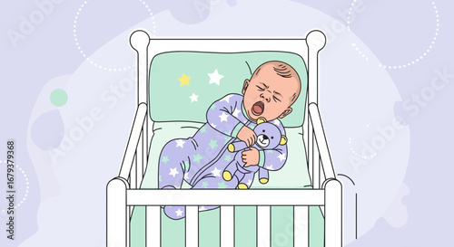 Tired Infant Yawns While Holding Teddy Bear In A Decorative Crib At Nighttime