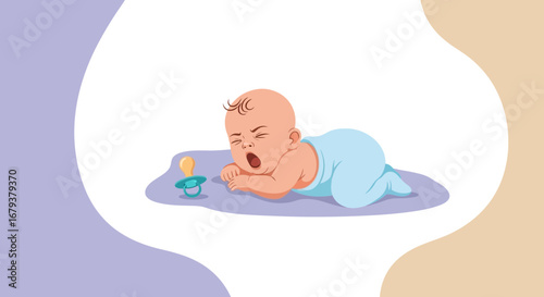 Tired Infant Yawning Near Pacifier: A Gentle Depiction Of Early Childhood At Rest