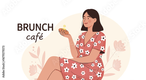 Woman At Brunch Cafe, Enjoying The Morning Meal And Leisure Time With Pleasant Mood