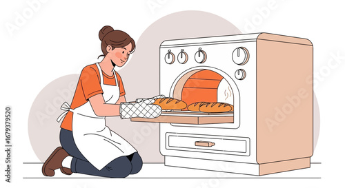 Woman Baking Bread In The Oven With Freshly Baked Loaves Ready To Serve