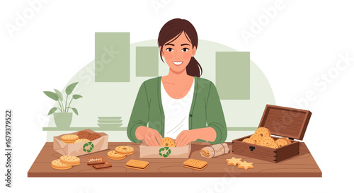 Woman Baking Cookies And Packing Them With Sustainable And Eco Friendly Materials