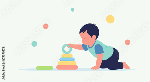 Toddler Playing With Geometric Shapes, An Educational and Colorful Illustration