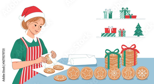 Woman Baking Holiday Cookies And Preparing Gifts For The Festive Season