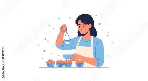 Woman Baking Muffins, Preparing Delicious Treats For Culinary Delights or Joyful Moments