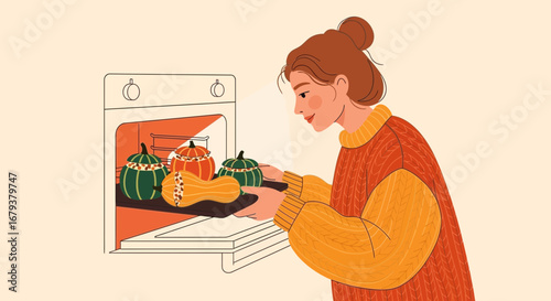 Woman Baking Seasonal Gourds in The Oven for Autumn Cooking Preparation