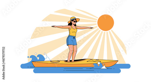 Woman Balanced on Kayak Enjoying The Summer Sun While Exploring The Water