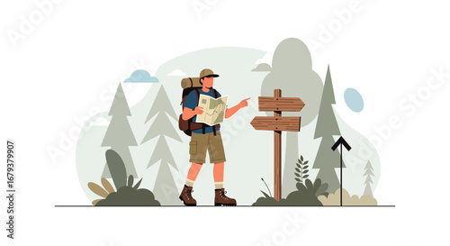 Traveler reading a map to find direction vector illustration in flat style