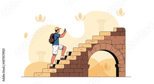 Traveler Takes Photo While Climbing Ancient Staircase Representing Exploration of History