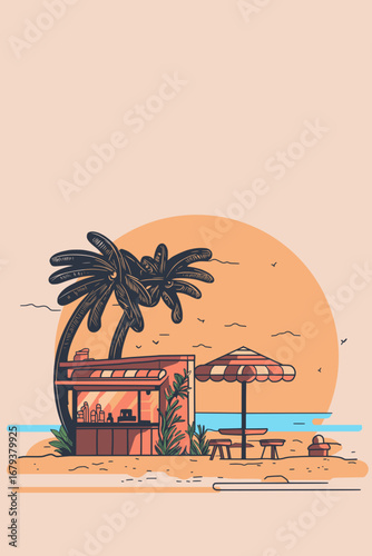 Tropical beach kiosk with palm trees and umbrella offers a relaxing seaside dining experience at sunset.