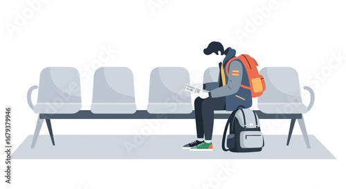 Traveler Waiting Patiently at the Departure Lounge Holding the Ticket, Ready To Go