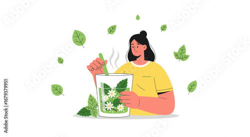 Woman Brewing Herbal Tea with Fresh Herbs and Botanical Elements in Whimsical Illustration