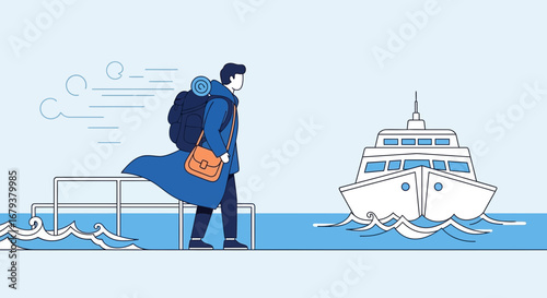 Traveler Walking Away From Dock With Ferry Amidst Windy Condition And Coastal Ambience