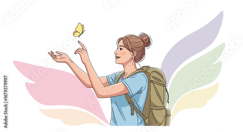 Traveler's Joyful Encounter with a Butterfly Depicting Innocence and Unforgettable Exploration