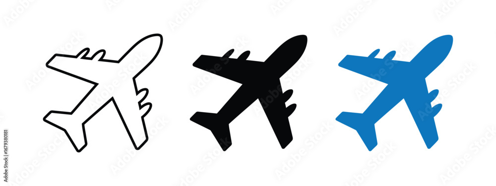 Fototapeta premium Three airplane icons in different styles isolated on transparent background
