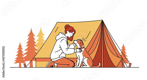 Woman camping with her dog in nature, illustration of outdoor recreation and friendly animal