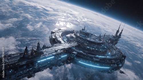 Fototapeta Naklejka Na Ścianę i Meble -  Futuristic Orbital Space Station Gleaming Above Earths Cloud-Covered Atmosphere.