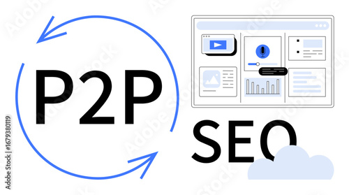 P2P text with arrows, SEO cloud, dashboard with graphs, video, and alert. Ideal for data analytics, teamwork, marketing optimization collaboration technology progress. Simple flat metaphor