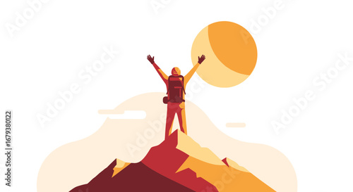 Triumphant hiker reaching summit with arms raised against sunset illustration