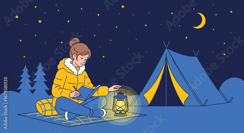Woman Camping Under The Stars Reading And Experiencing Peacefulness On Camp