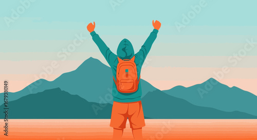 Triumphant Hiker Stands With Arms Raised Surrounding A Majestic Mountainous Panorama