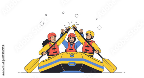 Triumphant Rafting Team Celebrating Victory After Conquering Water Rapids Together