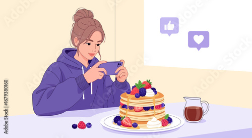 Woman Capturing Breakfast Delight With Smartphone for Social Media Sharing