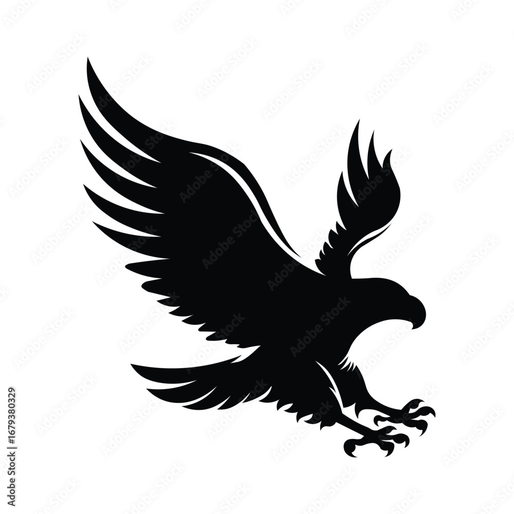 Fototapeta premium Black and white eagle silhouette with spread wings and sharp claws. Powerful bird logo, tattoo, mascot, and freedom symbol design