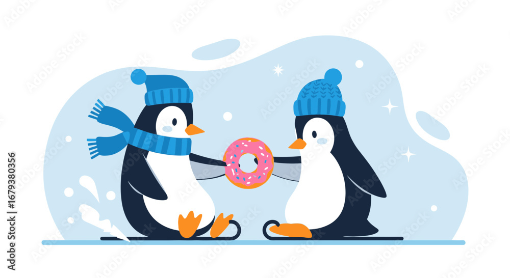 Naklejka premium Two Cute Penguin Characters Enjoying a Donut Together in a Winter Wonderland Scene