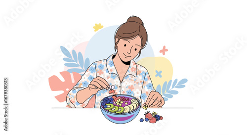 Woman Carefully Deciding Fruit Placement On Her Meticulously Prepared Breakfast Smoothie Bowl