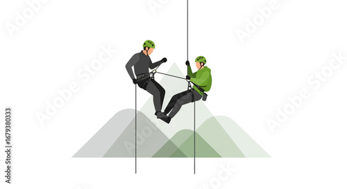 Two Figures Descending Steep Rope Over Mountains, Adventure Activity Illustration