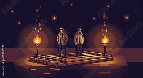 Two Figures Floating On A Raft Illuminated By Torches And Lanterns At Night
