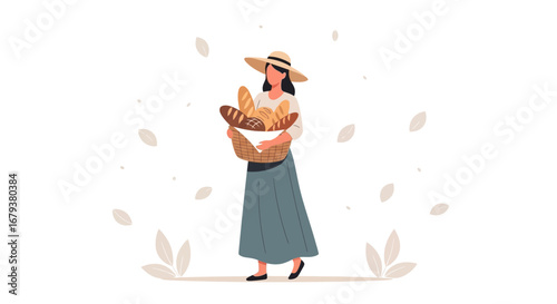 Woman Carries Basket of Breads from Bakery in a Simple and Elegant Illustration