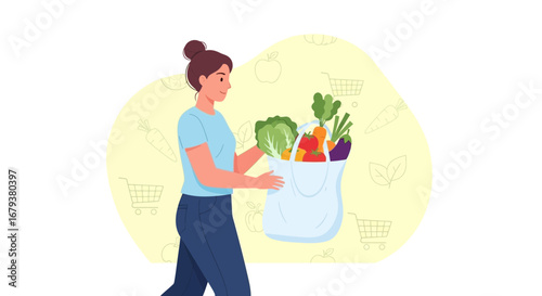 Woman Carries Groceries, Illustrating Daily Life, Shopping, And Healthy Diet Choices With Vegetables