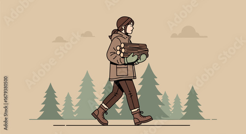 Woman Carrying Firewood in a Forest Illustration, Winter Season, Outdoor Activity