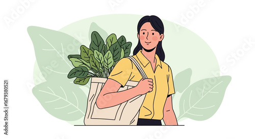 Woman Carrying Fresh Produce in a Reusable Bag, Sustainable Shopping Concept