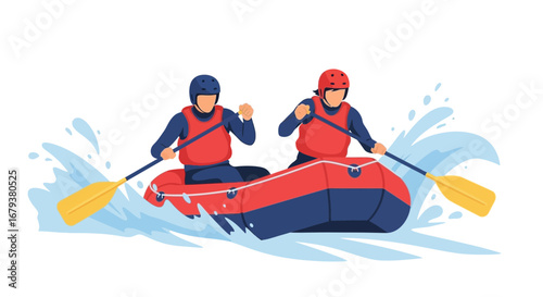 Two Individuals Whitewater Rafting Actively Navigating Turbulent Water With Oars