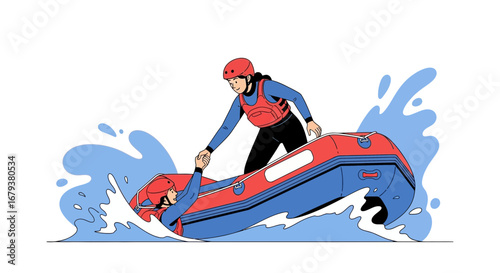Two individuals on a raft practicing or enjoying water sports, water splashes also included