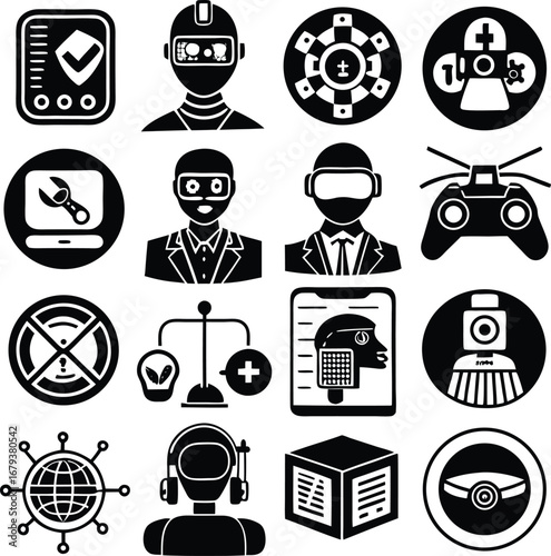 Futuristic technology icons set humanoid robots ai gadgets virtual reality devices and digital network symbols for innovation and future concepts