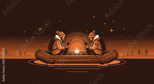 Two people camping by a fire in a boat under the stars vector illustration