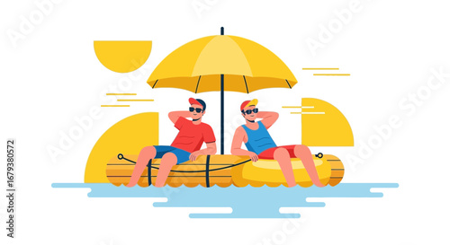 Two men relaxing on a raft under an umbrella on a sunny day in vector art