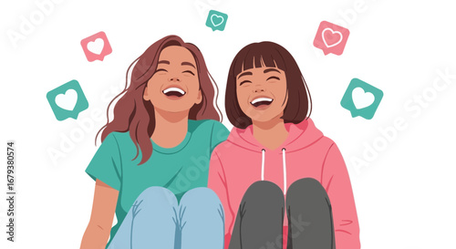 Two Joyful Women Share an Infectious Laugh While Representing Social Media Interaction